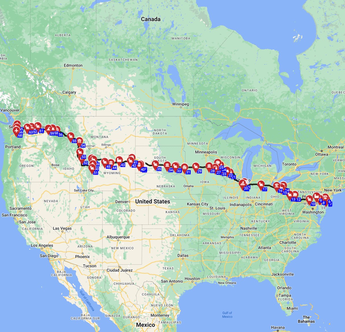 Philadelphia to Seattle motorhome route planner USA RV trip